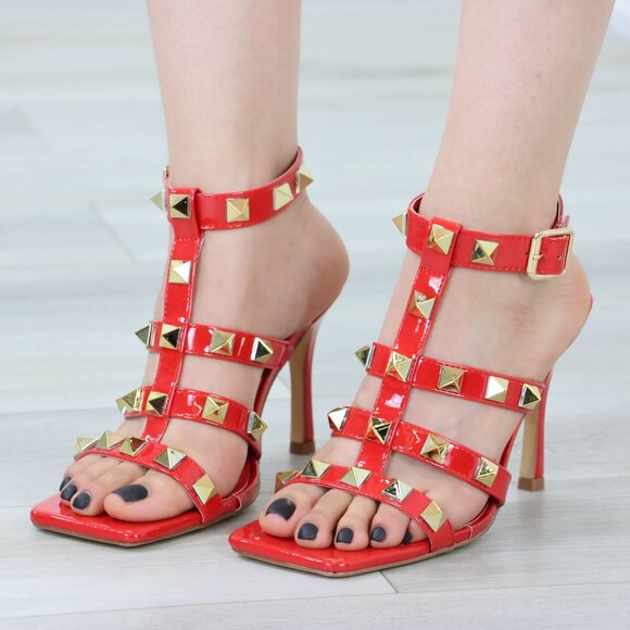 Red Patent Leather Ankle Strap High Heels Sandals Square toe and Gold Studs - Picture 13 of 14